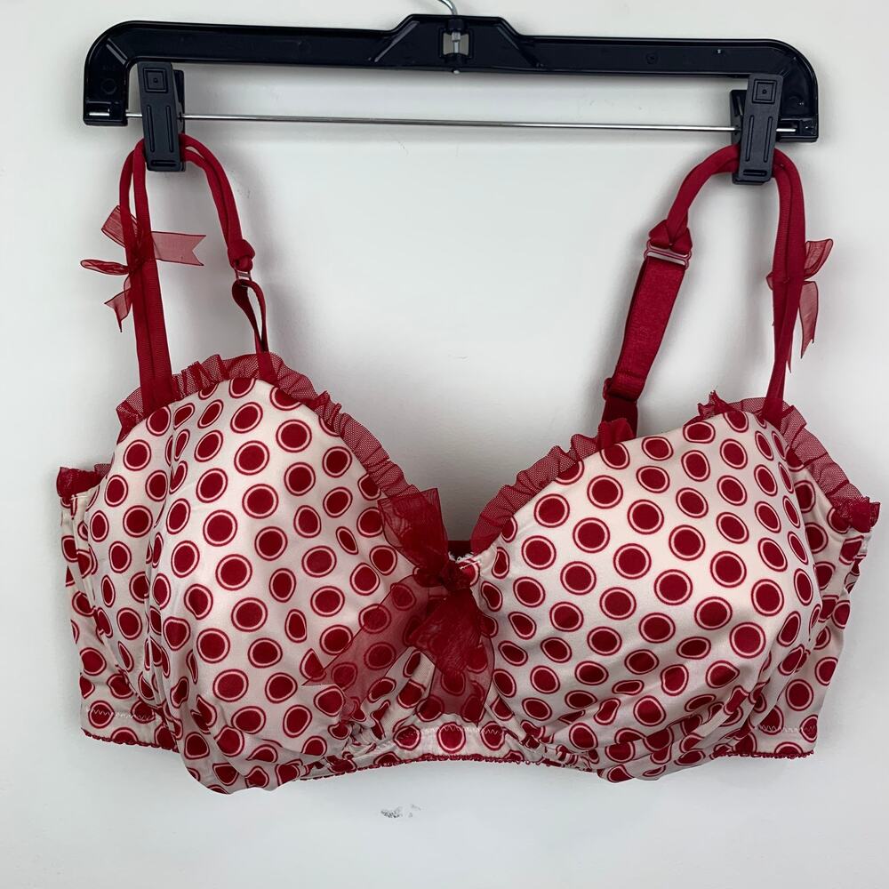 Cacique Polka Dot Bra 40F, white red, lace + bow 40DDD
